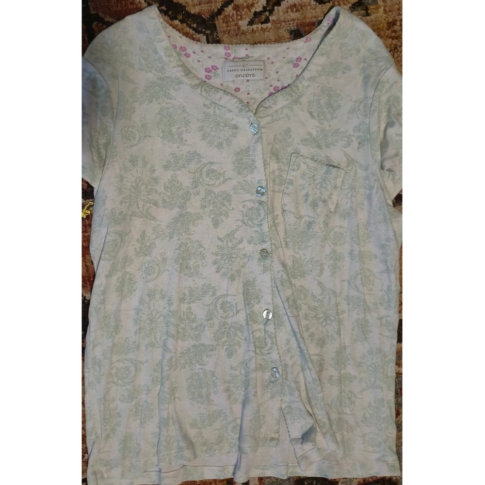 Karen Neuburger Encore Sleep Shirt Womens Large Green Floral Button Front Pajama